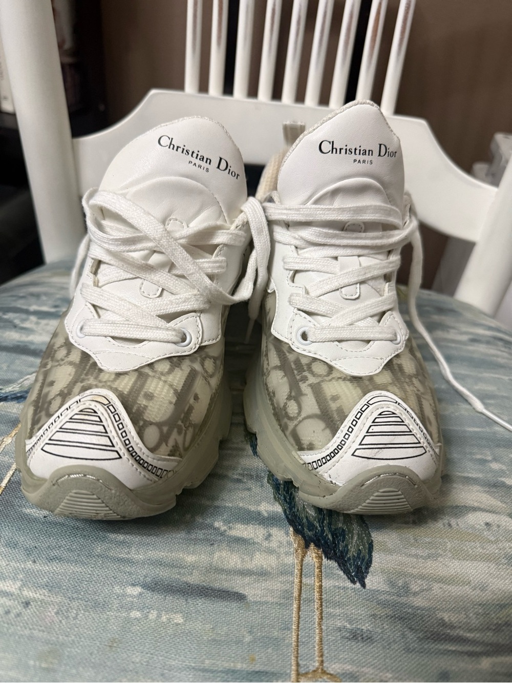 Dior White and Beige Oblique Logo Runner Sneakers